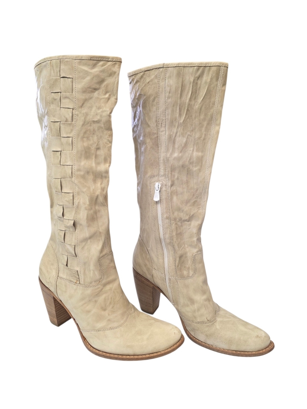 Nero Giardini Cream Distressed weaved accent Leather Knee-High Heeled Boots
